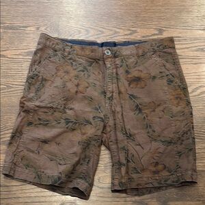 Brown Flat Front Shorts with Camouflage Design